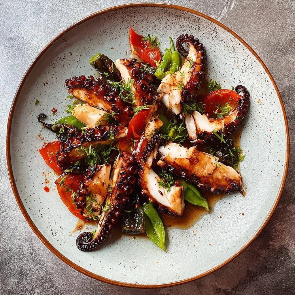 Gegrilde octopusarmen op een licht bord met tomaat, groene paprika en verse kruiden in olie-citroendressing, geserveerd op een grijze achtergrond.