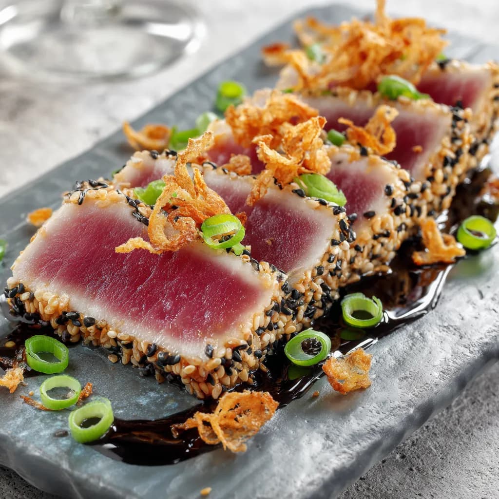 Tataki van tonijn, omhuld met sesamzaad, gefrituurde uitjes en bosui, geserveerd op zwarte saus.